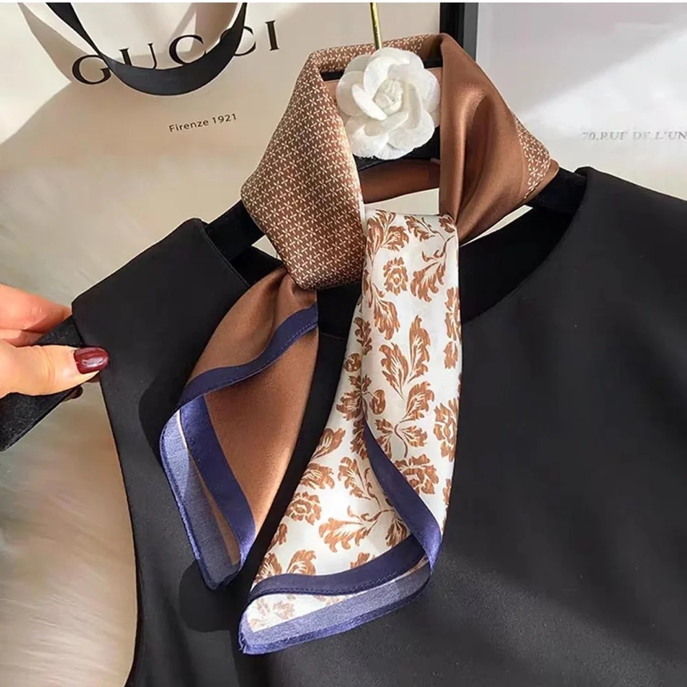 Brown & Cream Patterned Silk Scarf 100% Real Mulberry Silk Women Small 21